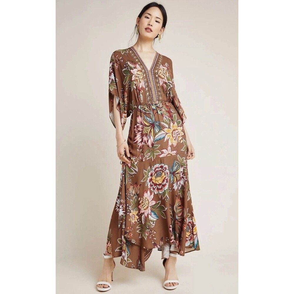 Farm Rio Anthropologie Valentina Floral Maxi Dress M Brown Boho Kimono Sleeve - Picture 12 of 14